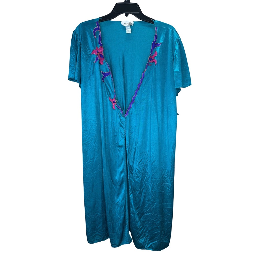 Ventura Vintage Teal‎ Blue Floral boho Fairy Embroidered Short Sleeve Robe Med